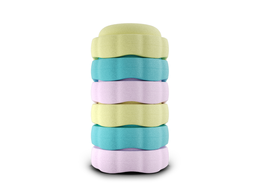 set of 6 pastel yellow, turquoise, light pink, pastel yellow, turquoise, light pink colors versatile fun stacking stones, stepping stones made out of lightweight Expended Polypropylene foam for kids for movement, open ended play, active learning, creativity, exercise, social development, motor development, cognitive development. can be combined with the balance board.