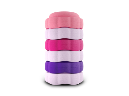 set of 6 pink, light pink, dragon fruit, light pink, purple, light pink colors versatile fun stacking stones, stepping stones made out of lightweight Expended Polypropylene foam for kids for movement, open ended play, active learning, creativity, exercise, social development, motor development, cognitive development. can be combined with the balance board.