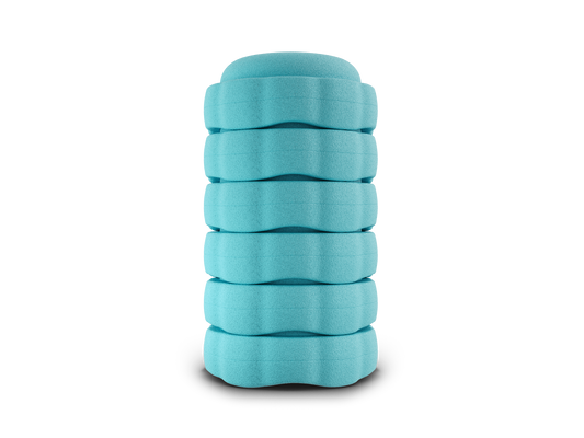 set of 6 turquoise color versatile fun stacking stones, stepping stones made out of lightweight Expended Polypropylene foam for kids for movement, open ended play, active learning, creativity, exercise, social development, motor development, cognitive development. can be combined with the balance board.