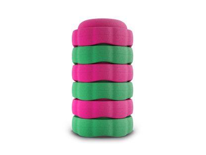 set of 6 dragon fruit, jade, dragon fruit, jade, dragon fruit, jade colors versatile fun stacking stones, stepping stones made out of lightweight Expended Polypropylene foam for kids for movement, open ended play, active learning, creativity, exercise, social development, motor development, cognitive development. can be combined with the balance board.