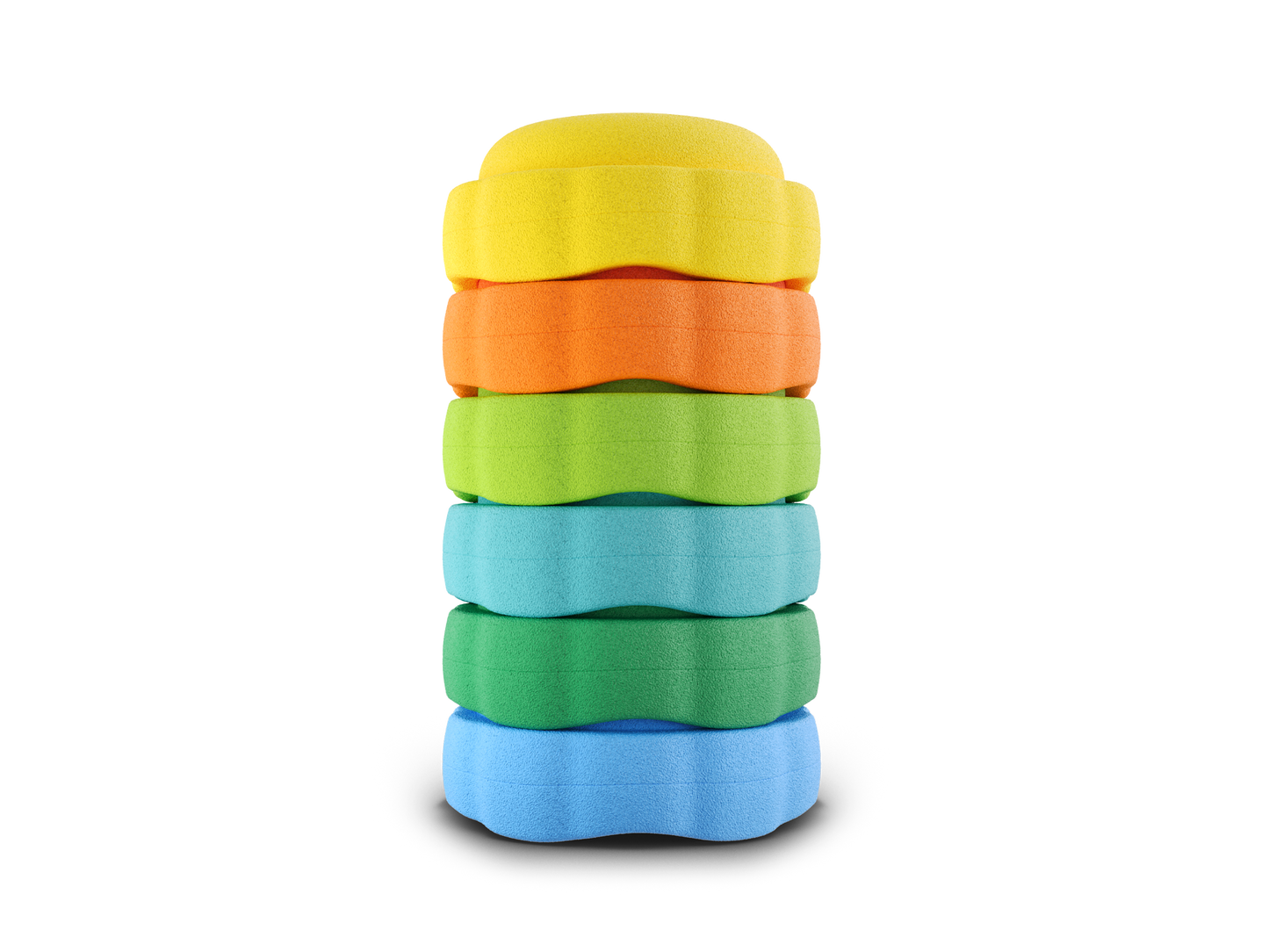 set of 6 yellow, orange, green, turquoise, jade, pastel blue colors versatile fun stacking stones, stepping stones made out of lightweight Expended Polypropylene foam for kids for movement, open ended play, active learning, creativity, exercise, social development, motor development, cognitive development. can be combined with the balance board.