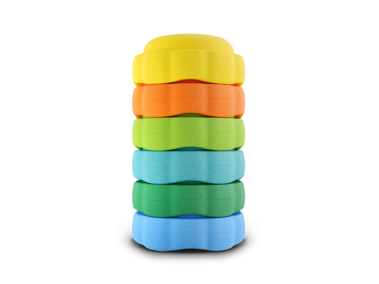 set of 6 yellow, orange, green, turquoise, jade, pastel blue colors versatile fun stacking stones, stepping stones made out of lightweight Expended Polypropylene foam for kids for movement, open ended play, active learning, creativity, exercise, social development, motor development, cognitive development. can be combined with the balance board.