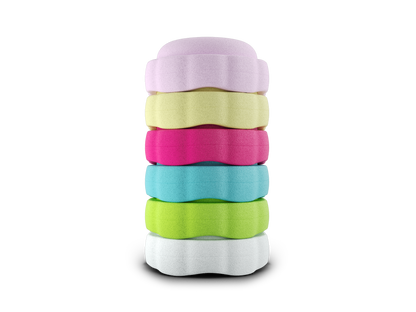 set of 6 light pink, pastel yellow, dragon fruit, turquoise, green, white colors versatile fun stacking stones, stepping stones made out of lightweight Expended Polypropylene foam for kids for movement, open ended play, active learning, creativity, exercise, social development, motor development, cognitive development. can be combined with the balance board.