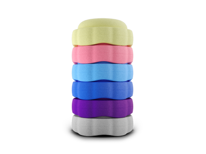  set of 6 pastel yellow, pink, pastel blue, dark blue, purple, grey colors versatile fun stacking stones, stepping stones made out of lightweight Expended Polypropylene foam for kids for movement, open ended play, active learning, creativity, exercise, social development, motor development, cognitive development. can be combined with the balance board.