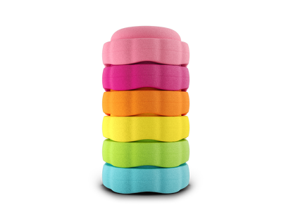 set of 6 pink, dragon fruit, orange, yellow, green, turquoise colors versatile fun stacking stones, stepping stones made out of lightweight Expended Polypropylene foam for kids for movement, open ended play, active learning, creativity, exercise, social development, motor development, cognitive development. can be combined with the balance board.