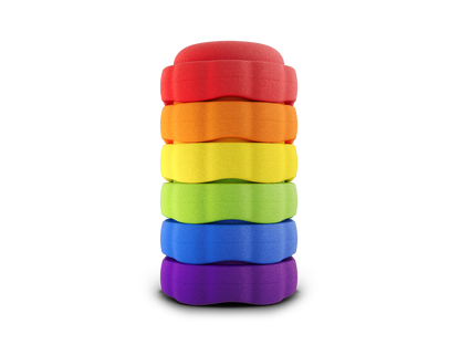 set of 6 red, orange, yellow, green, dark blue, purple colors versatile fun stacking stones, stepping stones made out of lightweight Expended Polypropylene foam for kids for movement, open ended play, active learning, creativity, exercise, social development, motor development, cognitive development. can be combined with the balance board.