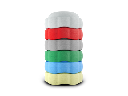 set of 6 white, red, grey, jade, pastel blue, pastel yellow colors versatile fun stacking stones, stepping stones made out of lightweight Expended Polypropylene foam for kids for movement, open ended play, active learning, creativity, exercise, social development, motor development, cognitive development. can be combined with the balance board.