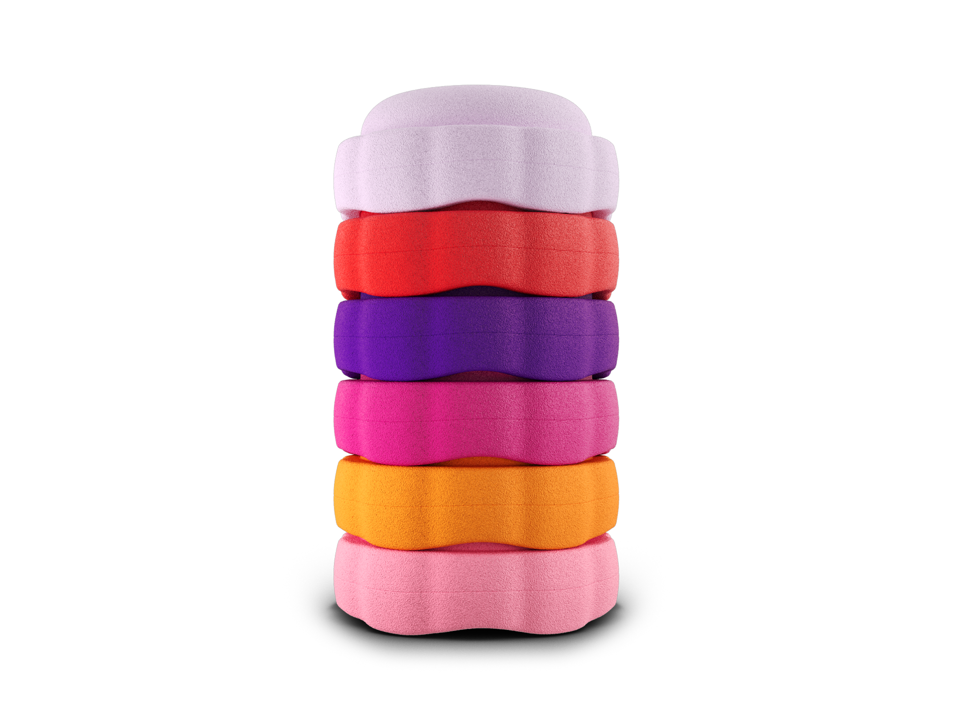 set of 6 light pink, red, purple, dragon fruit, orange, pink colors versatile fun stacking stones, stepping stones made out of lightweight Expended Polypropylene foam for kids for movement, open ended play, active learning, creativity, exercise, social development, motor development, cognitive development. can be combined with the balance board.