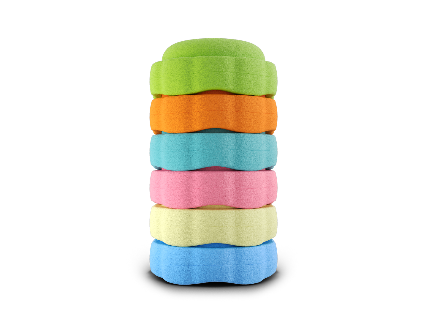 set of 6 green, orange, turquoise, pink, pastel yellow, pastel blue colors versatile fun stacking stones, stepping stones made out of lightweight Expended Polypropylene foam for kids for movement, open ended play, active learning, creativity, exercise, social development, motor development, cognitive development. can be combined with the balance board.