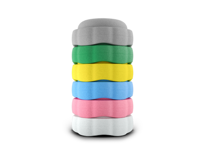 set of 6 grey, jade, yellow, pastel blue, pink, white colors versatile fun stacking stones, stepping stones made out of lightweight Expended Polypropylene foam for kids for movement, open ended play, active learning, creativity, exercise, social development, motor development, cognitive development. can be combined with the balance board.