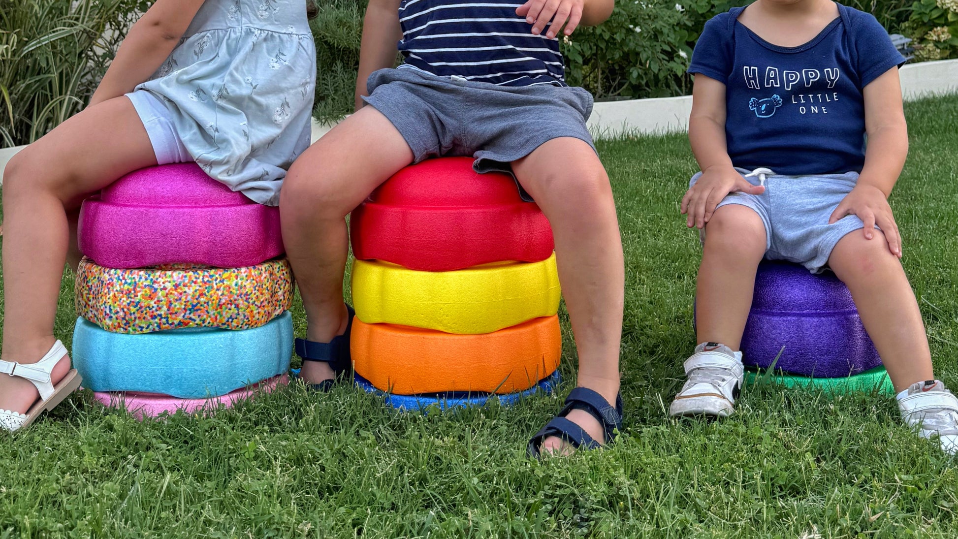 Colorful fun versatile stacking stones, stepping stones made out of lightweight Expended Polypropylene foam for kids for movement, open ended play, active learning, creativity, exercise, social development, motor development, cognitive development. can be combined with the balance board