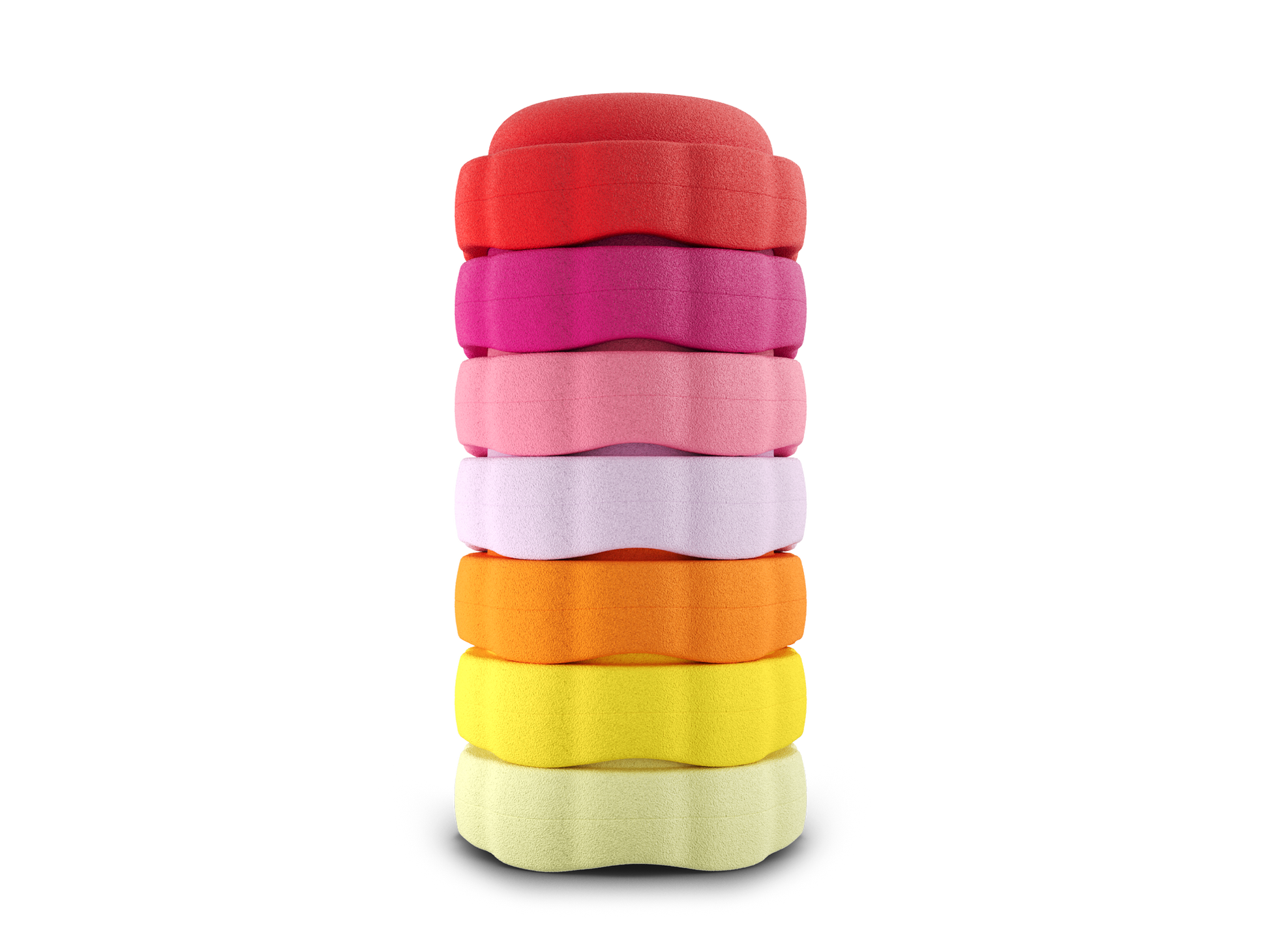 set of 7 red, dragon fruit, pink, light pink orange, yellow, pastel yellow colors versatile fun stacking stones, stepping stones made out of lightweight Expended Polypropylene foam for kids for movement, open ended play, active learning, creativity, exercise, social development, motor development, cognitive development. can be combined with the balance board.