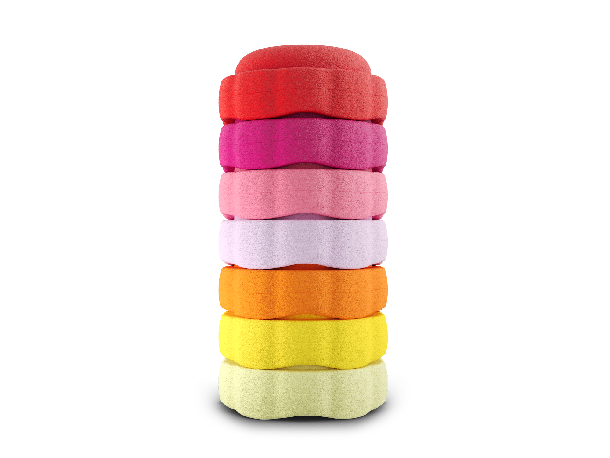 set of 7 red, dragon fruit, pink, light pink orange, yellow, pastel yellow colors versatile fun stacking stones, stepping stones made out of lightweight Expended Polypropylene foam for kids for movement, open ended play, active learning, creativity, exercise, social development, motor development, cognitive development. can be combined with the balance board.