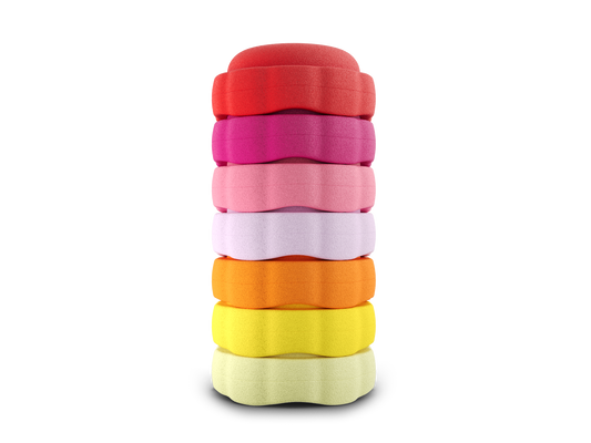 set of 7 red, dragon fruit, pink, light pink orange, yellow, pastel yellow colors versatile fun stacking stones, stepping stones made out of lightweight Expended Polypropylene foam for kids for movement, open ended play, active learning, creativity, exercise, social development, motor development, cognitive development. can be combined with the balance board.