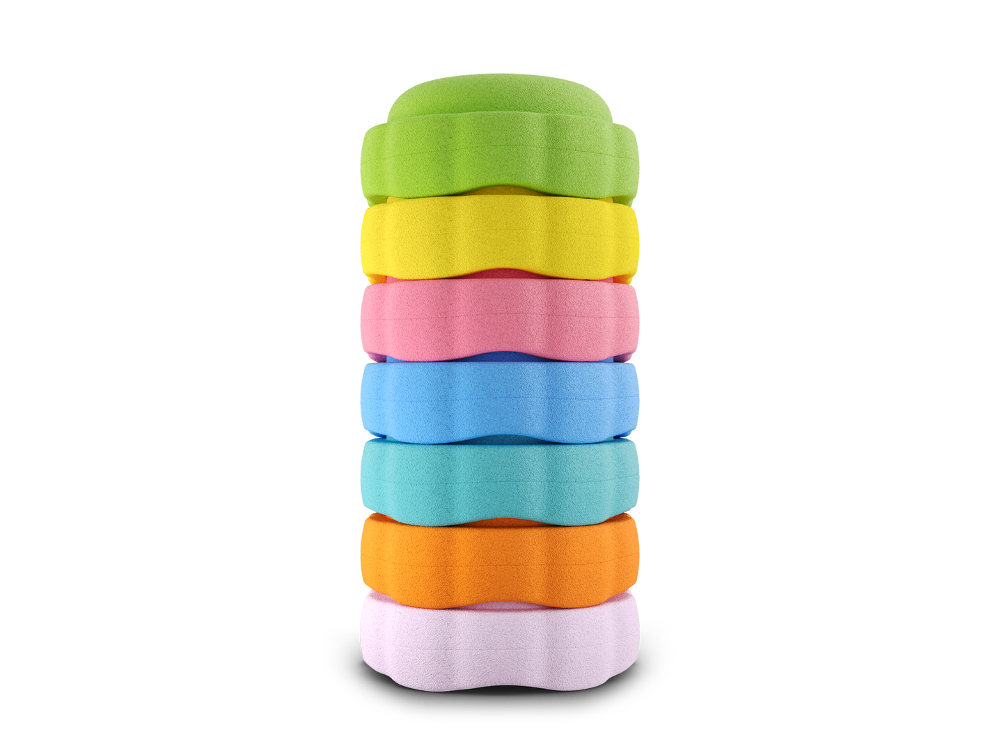 set of 7 green, yellow, pink, pastel blue, turquoise, orange, light pink colors versatile fun stacking stones, stepping stones made out of lightweight Expended Polypropylene foam for kids for movement, open ended play, active learning, creativity, exercise, social development, motor development, cognitive development. can be combined with the balance board.