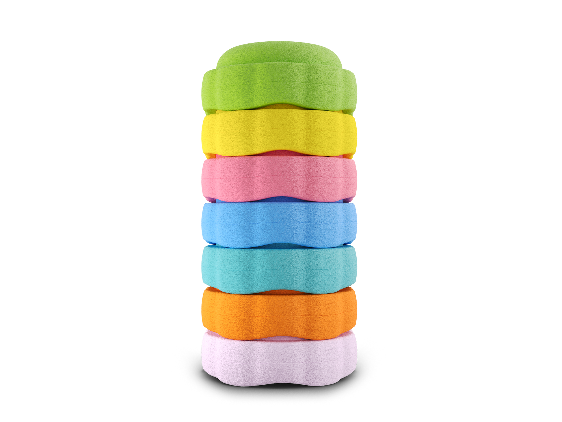 set of 7 green, yellow, pink, pastel blue, turquoise, orange, light pink colors versatile fun stacking stones, stepping stones made out of lightweight Expended Polypropylene foam for kids for movement, open ended play, active learning, creativity, exercise, social development, motor development, cognitive development. can be combined with the balance board.