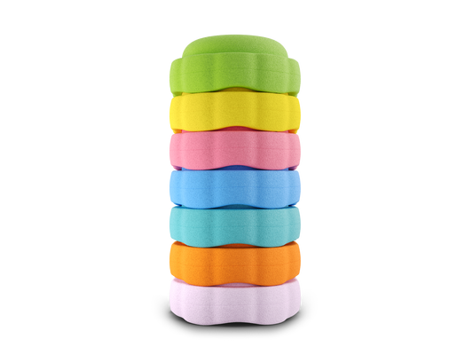 set of 7 green, yellow, pink, pastel blue, turquoise, orange, light pink colors versatile fun stacking stones, stepping stones made out of lightweight Expended Polypropylene foam for kids for movement, open ended play, active learning, creativity, exercise, social development, motor development, cognitive development. can be combined with the balance board.