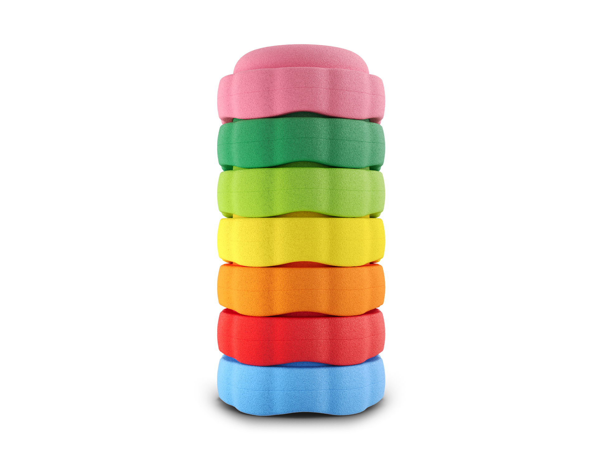 set of 7 pink, jade, green, yellow, orange, red, pastel blue colors versatile fun stacking stones, stepping stones made out of lightweight Expended Polypropylene foam for kids for movement, open ended play, active learning, creativity, exercise, social development, motor development, cognitive development. can be combined with the balance board.