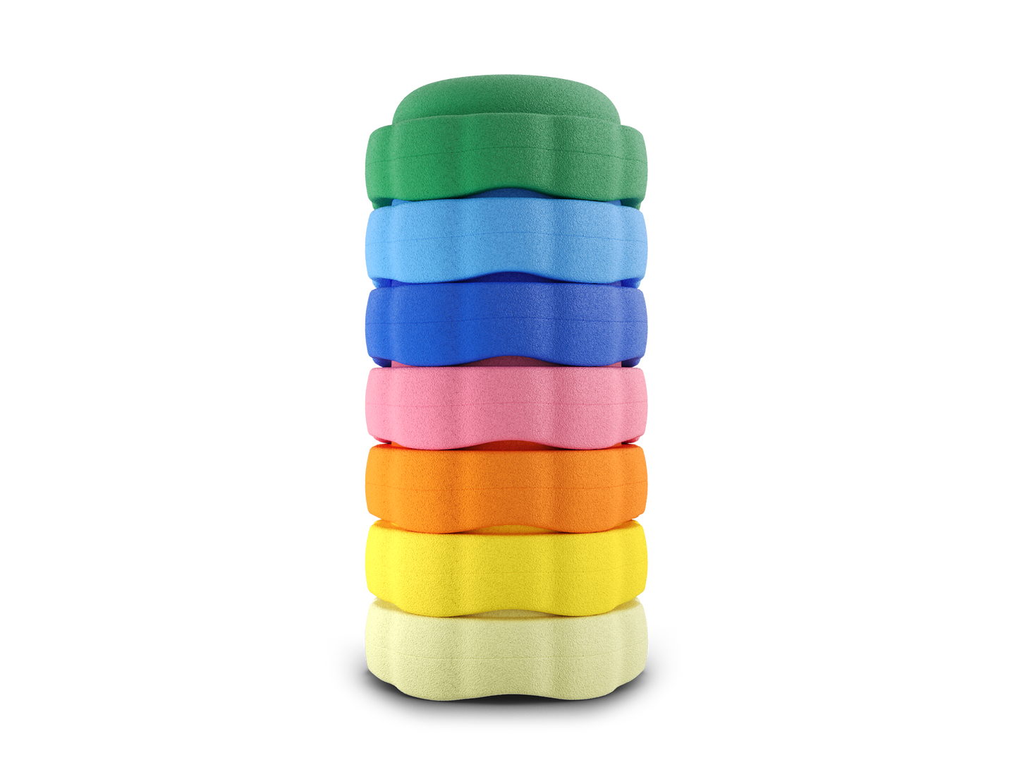 set of 7 jade, pastel blue, dark blue, pink, orange, yellow, pastel yellow colors versatile fun stacking stones, stepping stones made out of lightweight Expended Polypropylene foam for kids for movement, open ended play, active learning, creativity, exercise, social development, motor development, cognitive development. can be combined with the balance board.