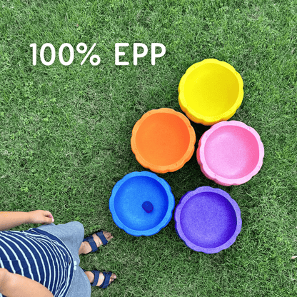 Colorful fun versatile stacking stones, stepping stones made out of lightweight Expended Polypropylene foam for kids for movement, open ended play, active learning, creativity, exercise, social development, motor development, cognitive development. can be combined with the balance board