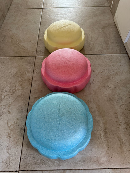 Colorful fun versatile stacking stones, stepping stones made out of lightweight Expended Polypropylene foam for kids for movement, open ended play, active learning, creativity, exercise, social development, motor development, cognitive development. can be combined with the balance board