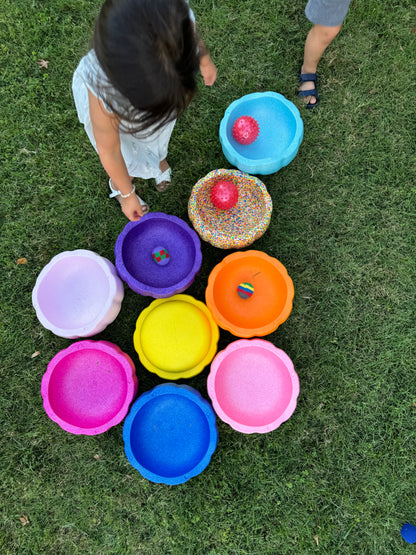 Colorful fun versatile stacking stones, stepping stones made out of lightweight Expended Polypropylene foam for kids for movement, open ended play, active learning, creativity, exercise, social development, motor development, cognitive development. can be combined with the balance board