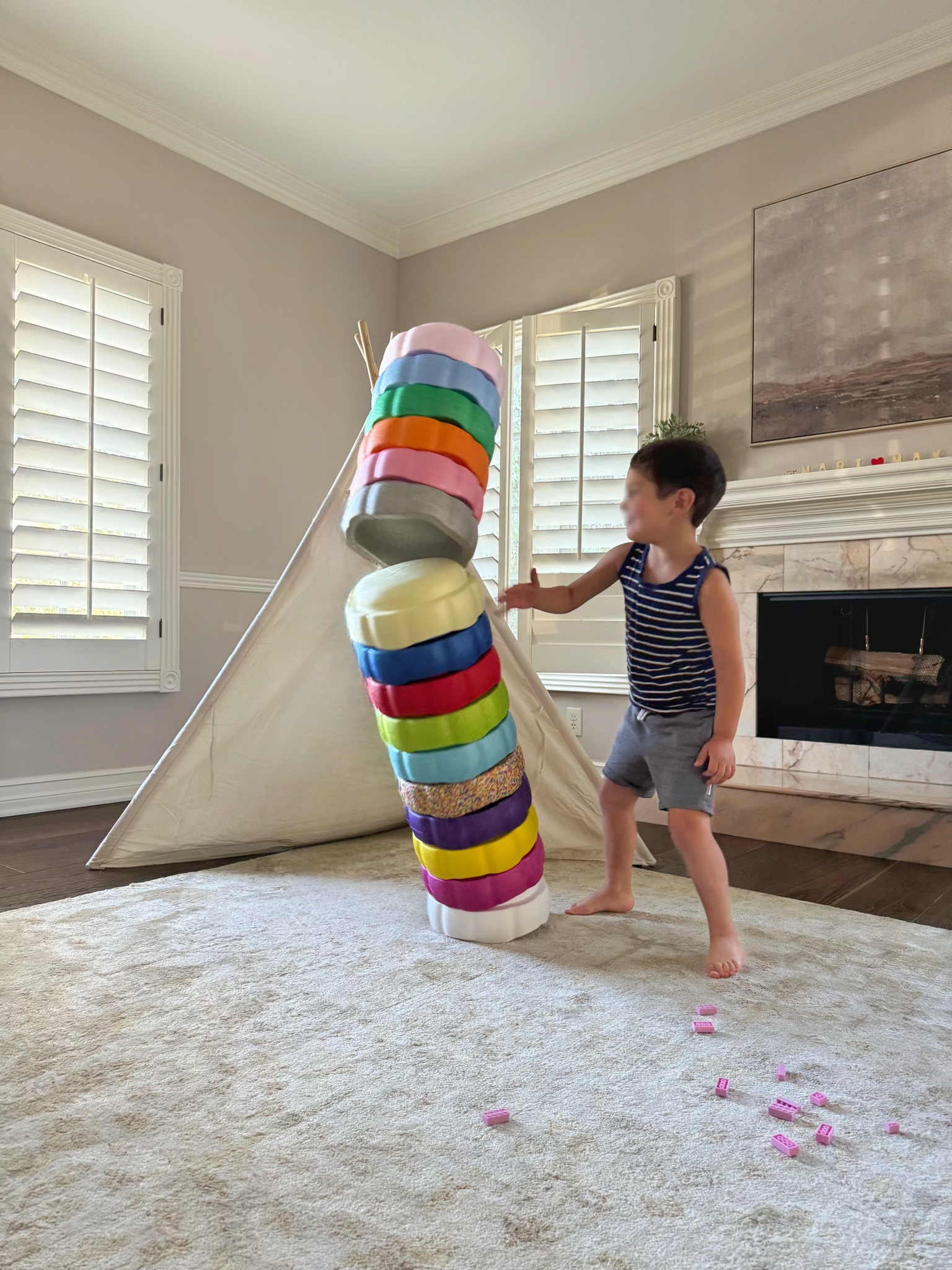 Colorful fun versatile stacking stones, stepping stones made out of lightweight Expended Polypropylene foam for kids for movement, open ended play, active learning, creativity, exercise, social development, motor development, cognitive development. can be combined with the balance board