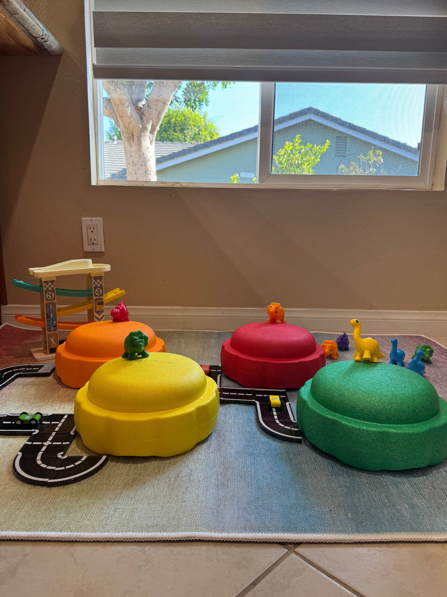 Colorful fun versatile stacking stones, stepping stones made out of lightweight Expended Polypropylene foam for kids for movement, open ended play, active learning, creativity, exercise, social development, motor development, cognitive development. can be combined with the balance board