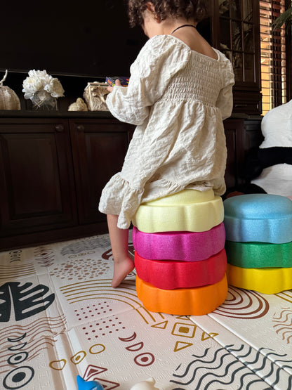 Colorful fun versatile stacking stones, stepping stones made out of lightweight Expended Polypropylene foam for kids for movement, open ended play, active learning, creativity, exercise, social development, motor development, cognitive development. can be combined with the balance board