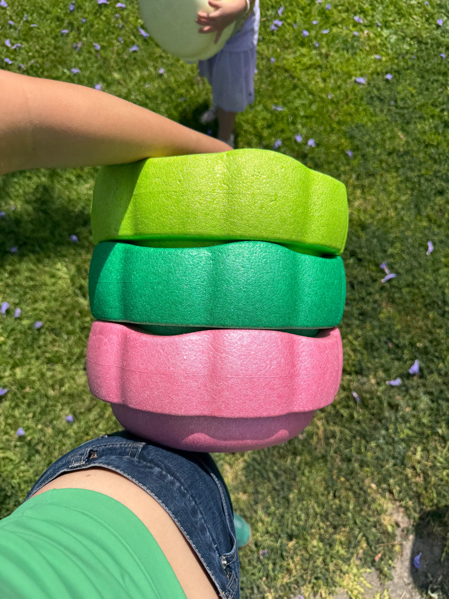 Colorful fun versatile stacking stones, stepping stones made out of lightweight Expended Polypropylene foam for kids for movement, open ended play, active learning, creativity, exercise, social development, motor development, cognitive development. can be combined with the balance board