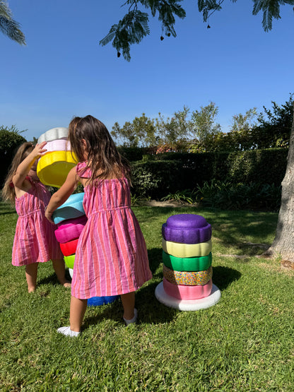 Colorful fun versatile stacking stones, stepping stones made out of lightweight Expended Polypropylene foam for kids for movement, open ended play, active learning, creativity, exercise, social development, motor development, cognitive development. can be combined with the balance board