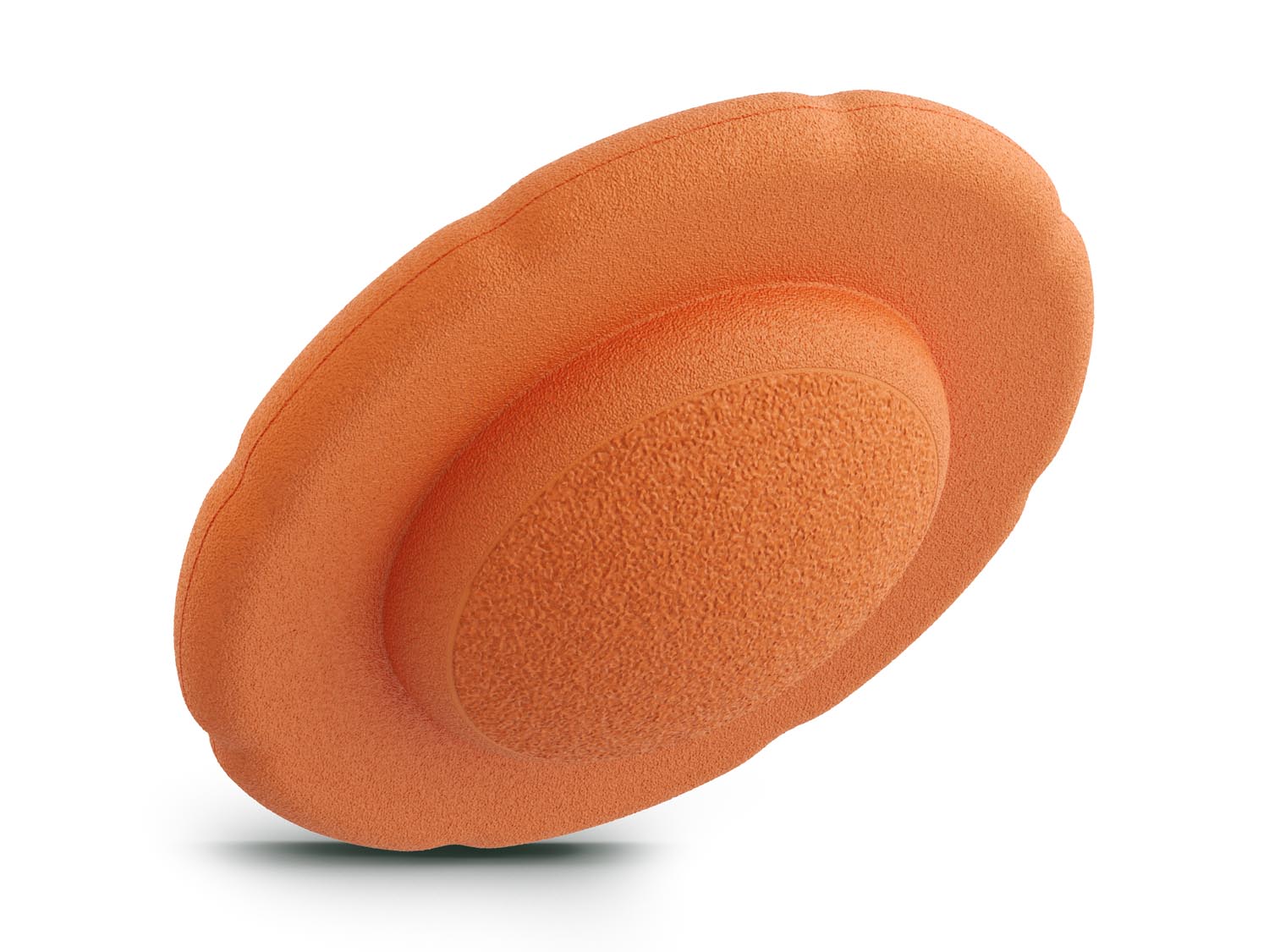 orange balance board for workout, exercise, movement, and active play for kids. Used for yoga and physical therapy. Raised edge for extra support. Can be combined with the stacking stones. made of 100% Expended Polypropylene.