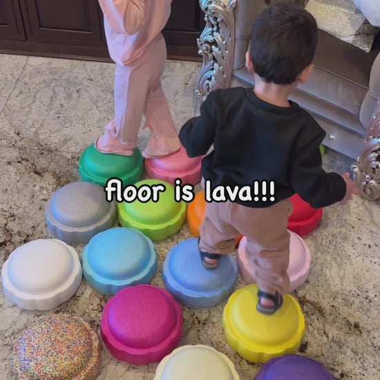 Colorful fun versatile stacking stones, stepping stones made out of lightweight Expended Polypropylene foam for kids for movement, open ended play, active learning, creativity, exercise, social development, motor development, cognitive development. can be combined with the balance board