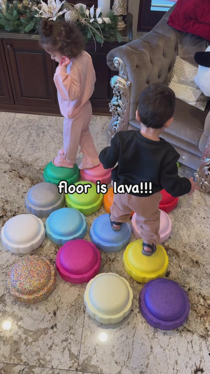 Colorful fun versatile stacking stones, stepping stones made out of lightweight Expended Polypropylene foam for kids for movement, open ended play, active learning, creativity, exercise, social development, motor development, cognitive development. can be combined with the balance board