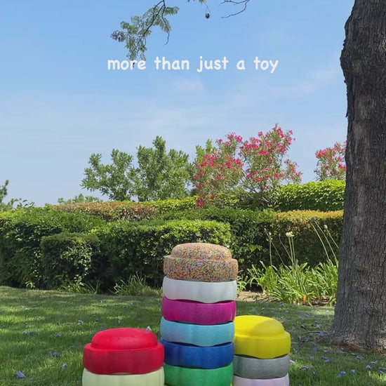 Colorful fun versatile stacking stones, stepping stones made out of lightweight Expended Polypropylene foam for kids for movement, open ended play, active learning, creativity, exercise, social development, motor development, cognitive development. can be combined with the balance board