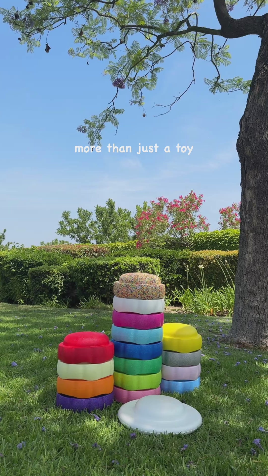 Colorful fun versatile stacking stones, stepping stones made out of lightweight Expended Polypropylene foam for kids for movement, open ended play, active learning, creativity, exercise, social development, motor development, cognitive development. can be combined with the balance board