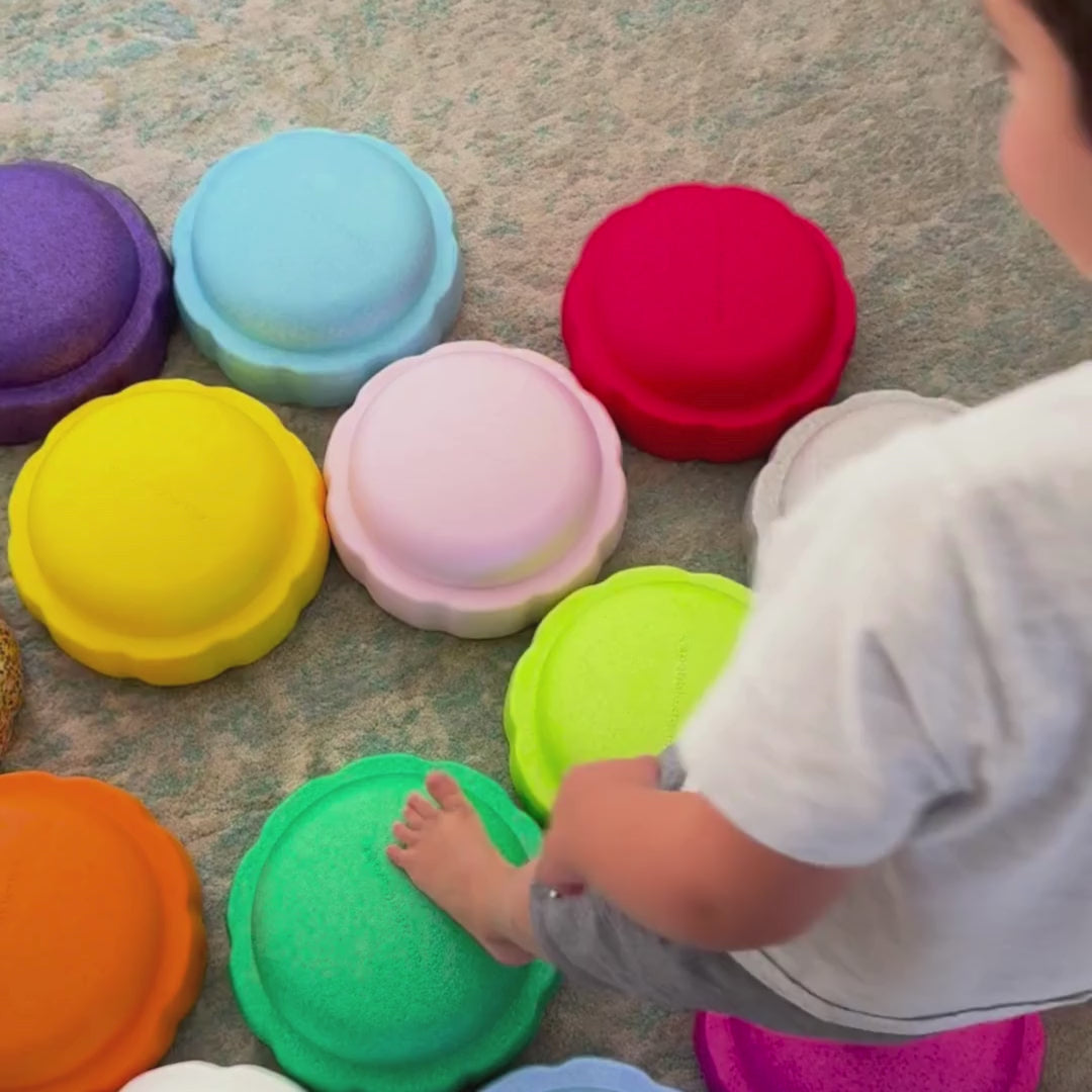 Colorful fun versatile stacking stones, stepping stones made out of lightweight Expended Polypropylene foam for kids for movement, open ended play, active learning, creativity, exercise, social development, motor development, cognitive development. can be combined with the balance board