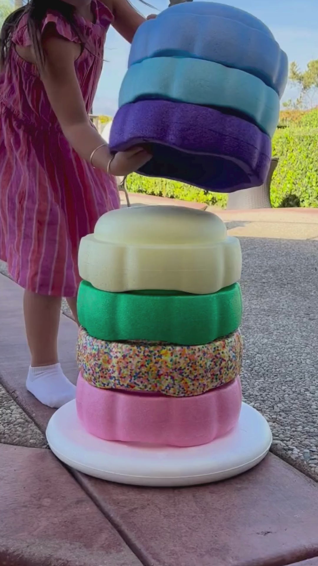 Colorful fun versatile stacking stones, stepping stones made out of lightweight Expended Polypropylene foam for kids for movement, open ended play, active learning, creativity, exercise, social development, motor development, cognitive development. can be combined with the balance board