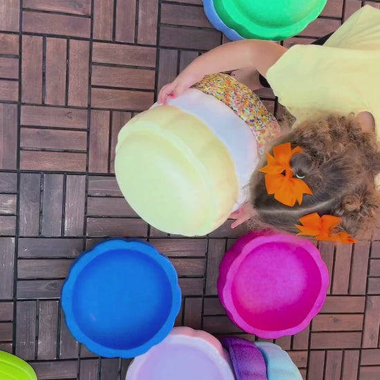 Colorful fun versatile stacking stones, stepping stones made out of lightweight Expended Polypropylene foam for kids for movement, open ended play, active learning, creativity, exercise, social development, motor development, cognitive development. can be combined with the balance board