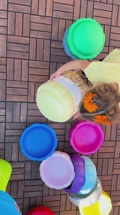 Colorful fun versatile stacking stones, stepping stones made out of lightweight Expended Polypropylene foam for kids for movement, open ended play, active learning, creativity, exercise, social development, motor development, cognitive development. can be combined with the balance board