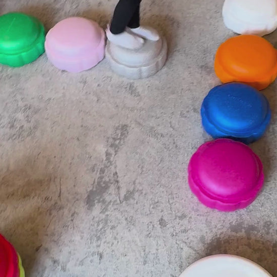 Colorful fun versatile stacking stones, stepping stones made out of lightweight Expended Polypropylene foam for kids for movement, open ended play, active learning, creativity, exercise, social development, motor development, cognitive development. can be combined with the balance board