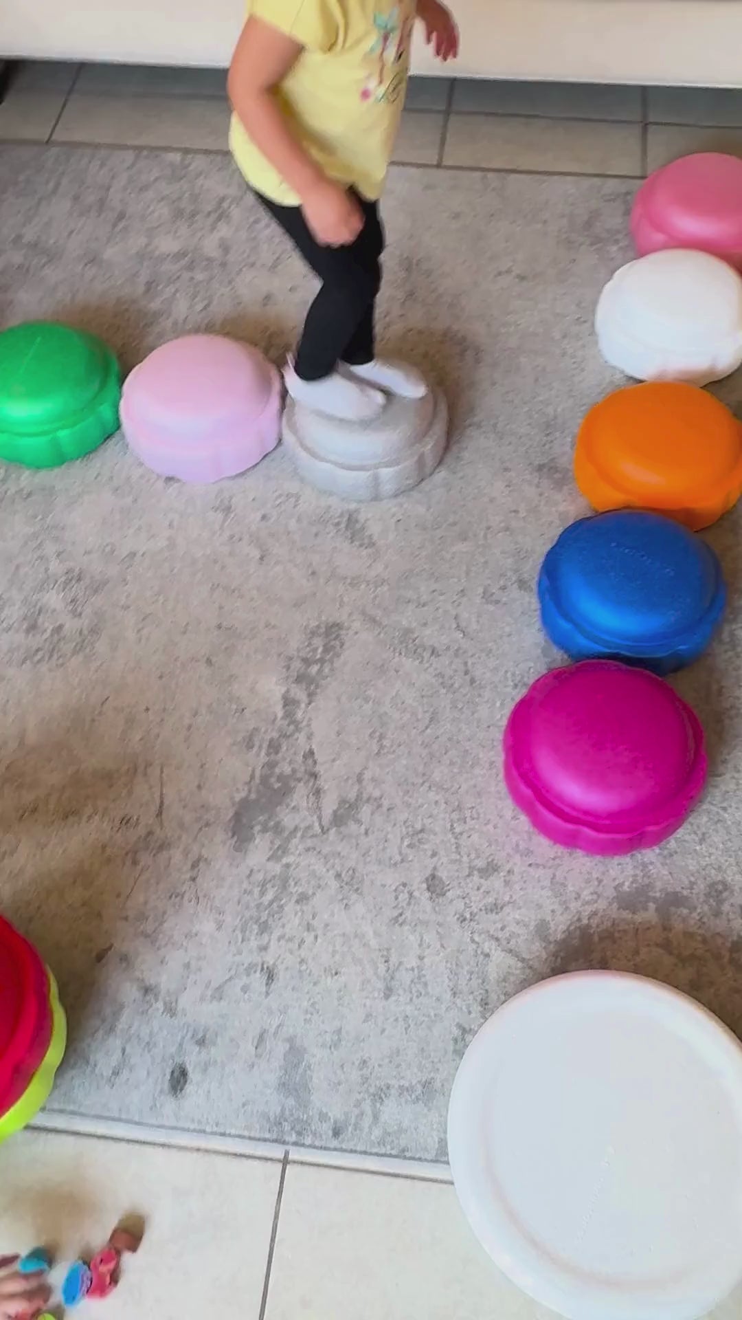 Colorful fun versatile stacking stones, stepping stones made out of lightweight Expended Polypropylene foam for kids for movement, open ended play, active learning, creativity, exercise, social development, motor development, cognitive development. can be combined with the balance board