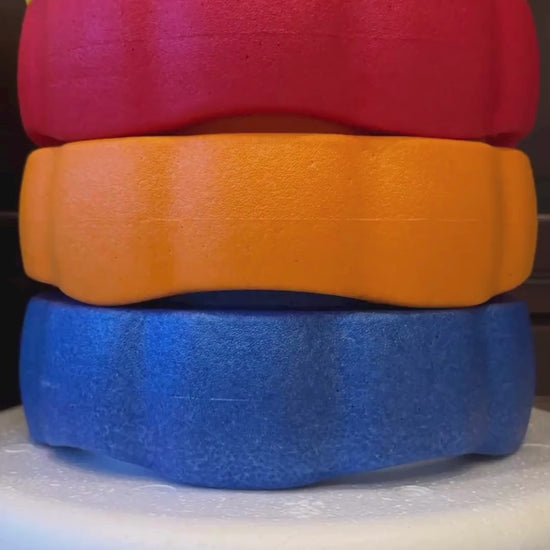 Colorful fun versatile stacking stones, stepping stones made out of lightweight Expended Polypropylene foam for kids for movement, open ended play, active learning, creativity, exercise, social development, motor development, cognitive development. can be combined with the balance board