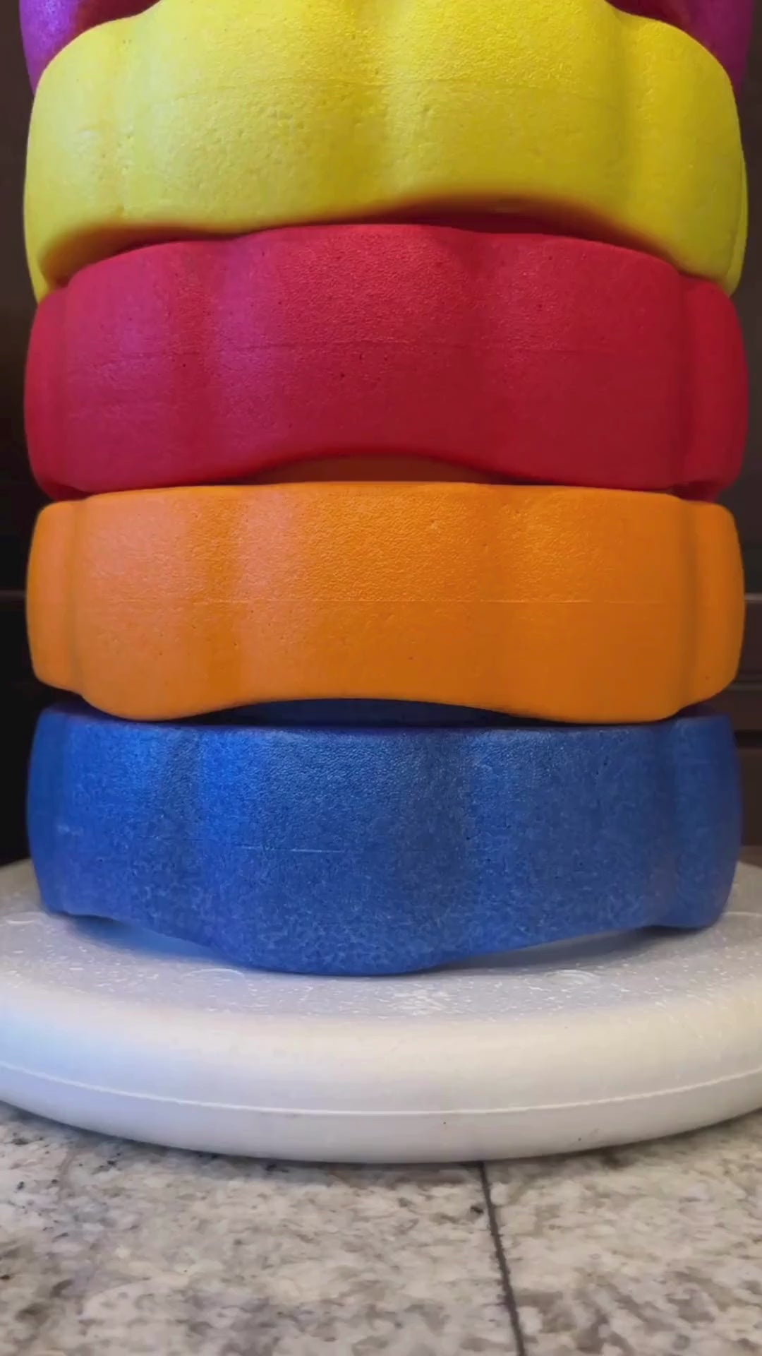 Colorful fun versatile stacking stones, stepping stones made out of lightweight Expended Polypropylene foam for kids for movement, open ended play, active learning, creativity, exercise, social development, motor development, cognitive development. can be combined with the balance board