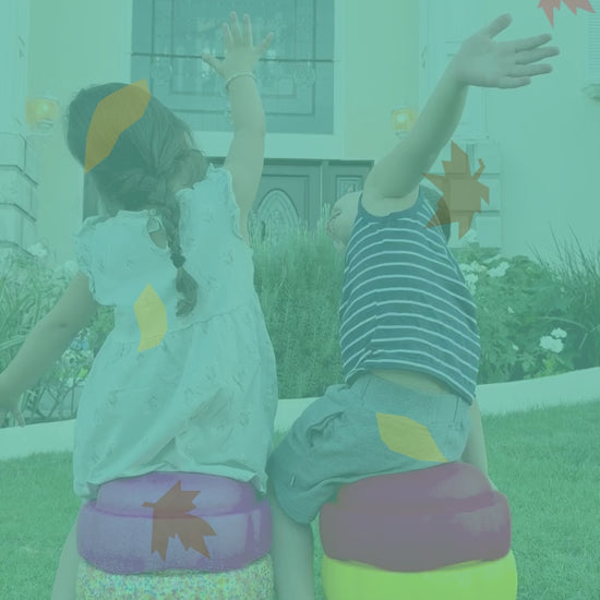 Colorful fun versatile stacking stones, stepping stones made out of lightweight Expended Polypropylene foam for kids for movement, open ended play, active learning, creativity, exercise, social development, motor development, cognitive development. can be combined with the balance board
