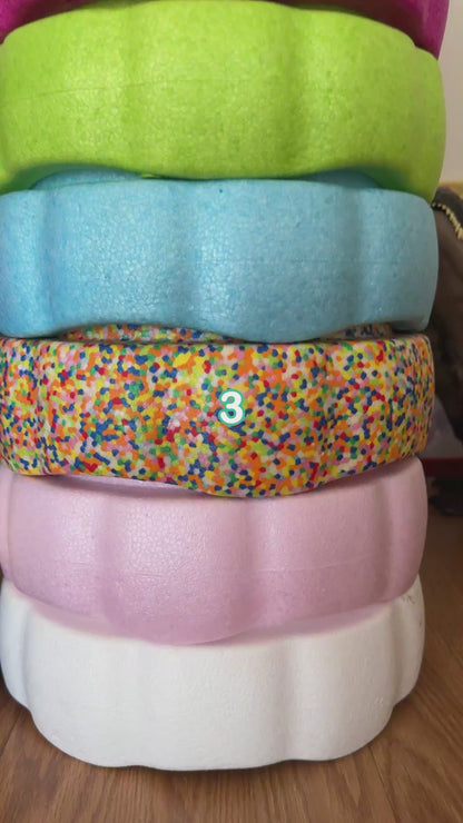 Colorful fun versatile stacking stones, stepping stones made out of lightweight Expended Polypropylene foam for kids for movement, open ended play, active learning, creativity, exercise, social development, motor development, cognitive development. can be combined with the balance board