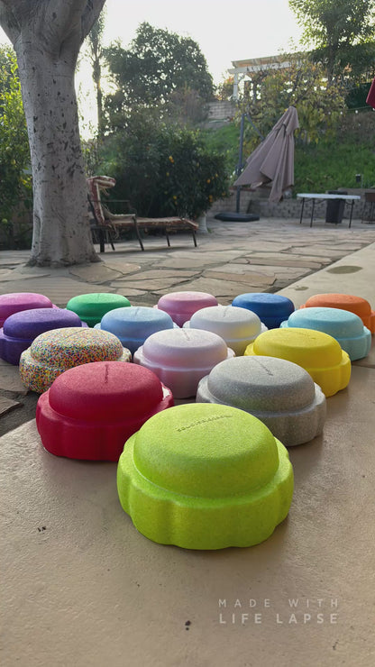 Colorful fun versatile stacking stones, stepping stones made out of lightweight Expended Polypropylene foam for kids for movement, open ended play, active learning, creativity, exercise, social development, motor development, cognitive development. can be combined with the balance board