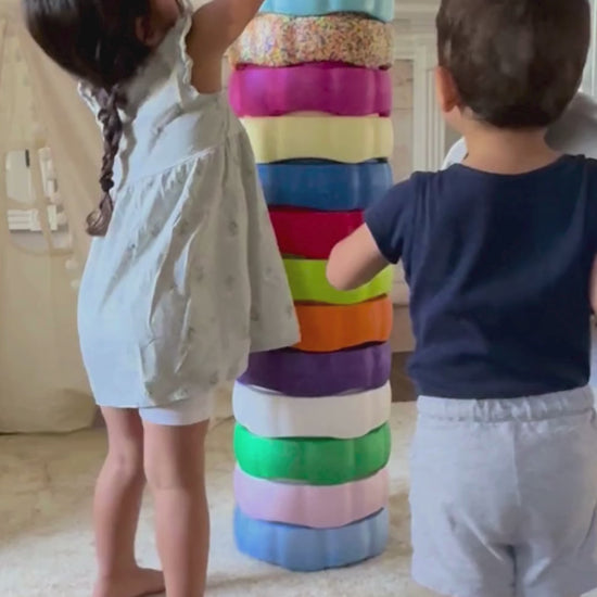 Colorful fun versatile stacking stones, stepping stones made out of lightweight Expended Polypropylene foam for kids for movement, open ended play, active learning, creativity, exercise, social development, motor development, cognitive development. can be combined with the balance board
