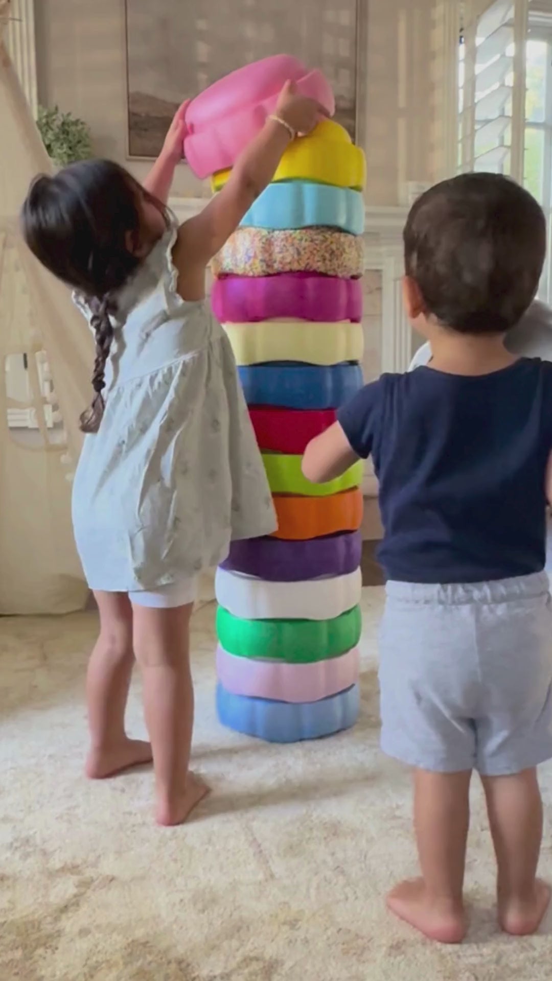 Colorful fun versatile stacking stones, stepping stones made out of lightweight Expended Polypropylene foam for kids for movement, open ended play, active learning, creativity, exercise, social development, motor development, cognitive development. can be combined with the balance board