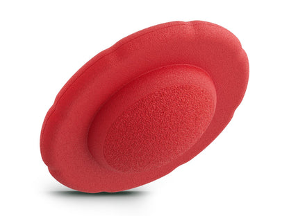 red balance board for workout, exercise, movement, and active play for kids. Used for yoga and physical therapy. Raised edge for extra support. Can be combined with the stacking stones. made of 100% Expended Polypropylene.